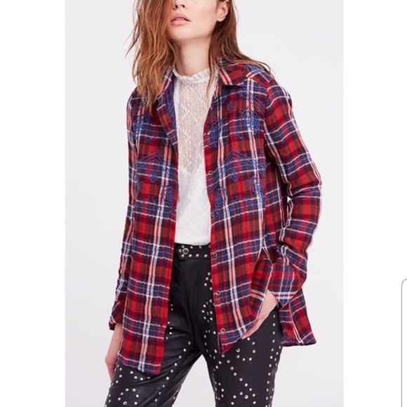 Free People Magical Plaid Embroidered Button Down Shirt Small - Picture 11 of 13